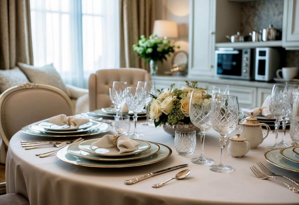 A beautifully set dining table with fine china, crystal glassware, and elegant silverware. Nearby, luxurious bedding, kitchen appliances, and decorative items
