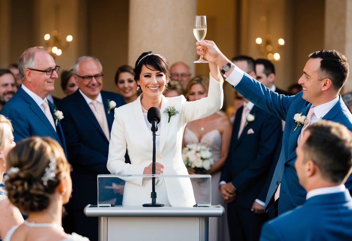 A person standing at a podium, surrounded by wedding guests, raising a glass to give the first toast at a wedding