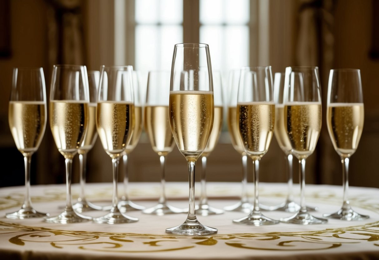 A group of elegantly arranged champagne glasses on a beautifully decorated table, with a single glass positioned in the center, catching the light