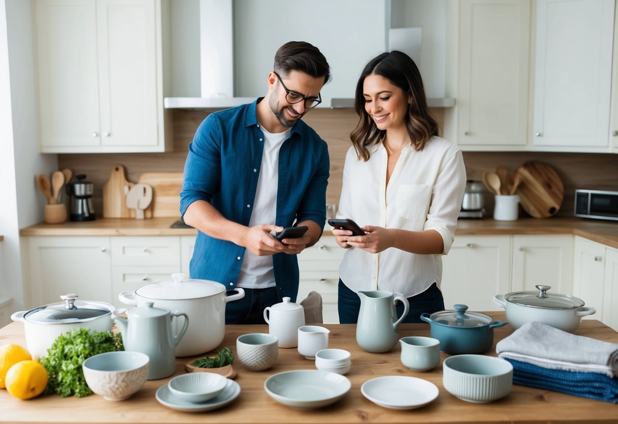 A table filled with kitchenware, linens, and home decor items. A couple selects items and scans them with a handheld device