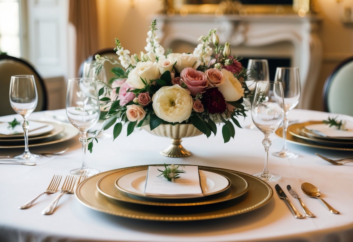 A beautifully decorated table with elegant place settings and floral centerpieces