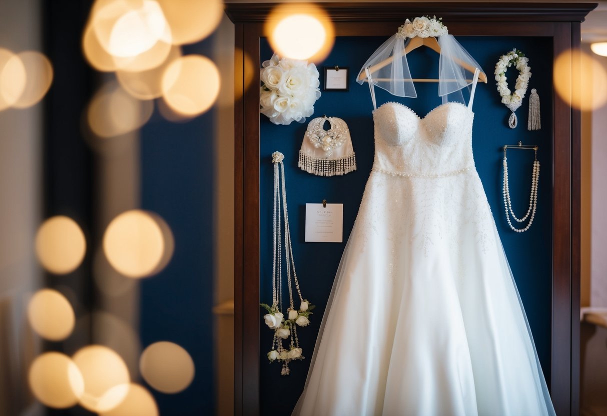 A traditional wedding attire displayed with items paid for by the bride's parents, such as the wedding gown, veil, and accessories