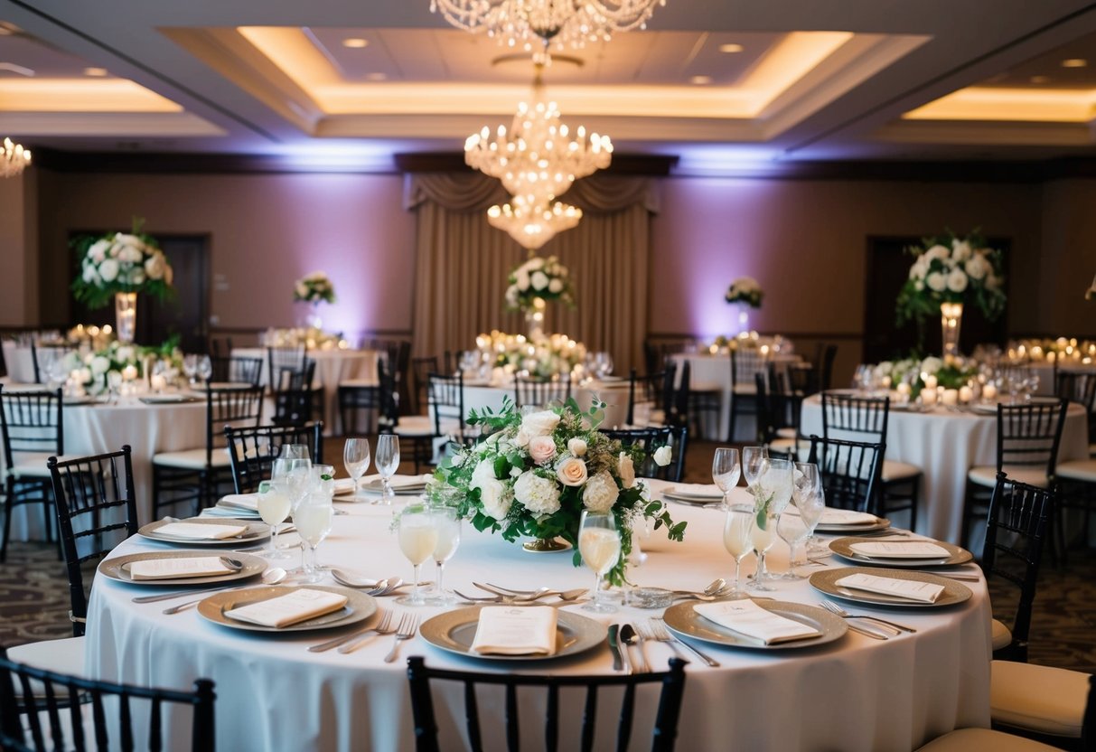 The main table at a wedding, adorned with elegant tableware and floral centerpieces, is positioned at the center of the reception area, with seating arranged in a manner that exudes sophistication and importance