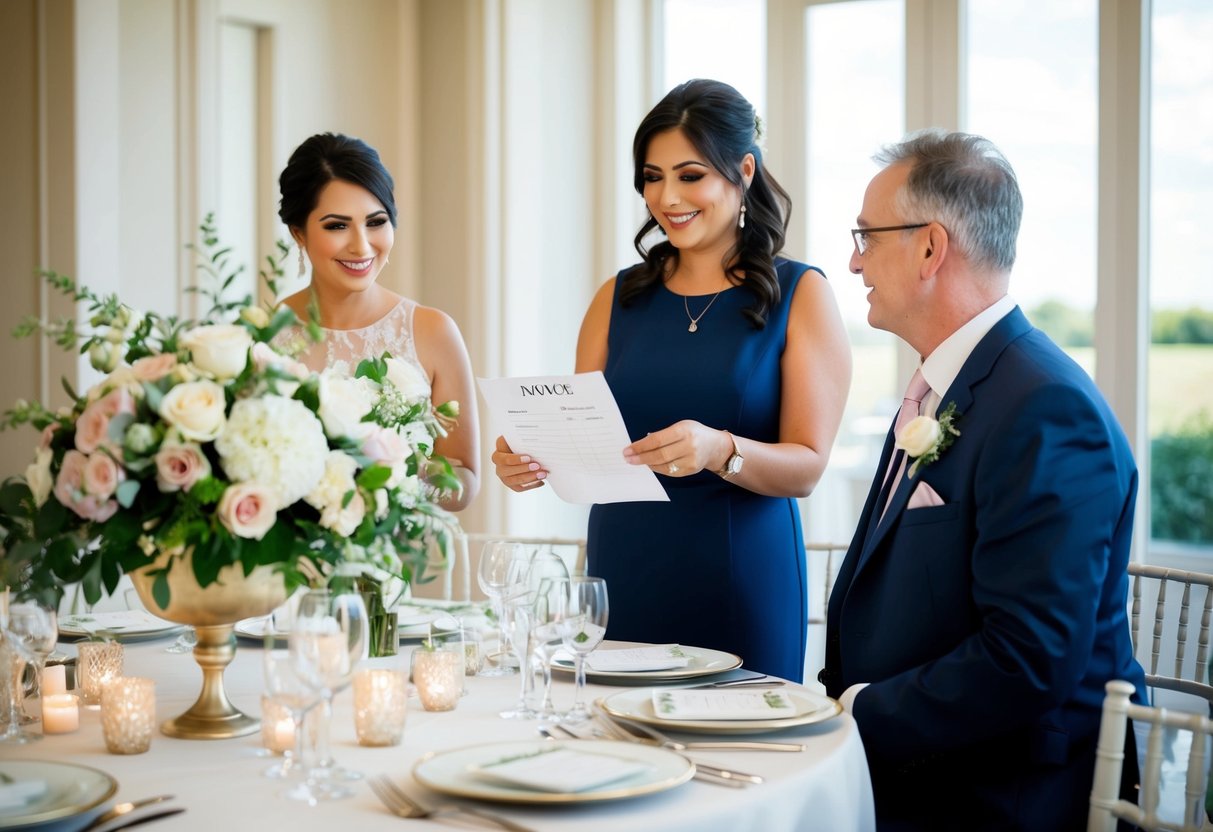 A table adorned with elegant floral centerpieces and place settings, with a wedding planner presenting a detailed invoice to the parents of the bride