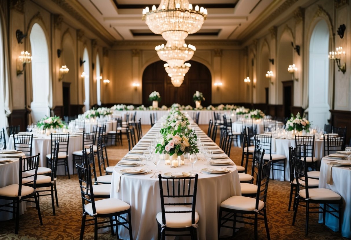 A grand banquet hall with a long, elegantly decorated main table at the center, surrounded by smaller round tables adorned with floral centerpieces