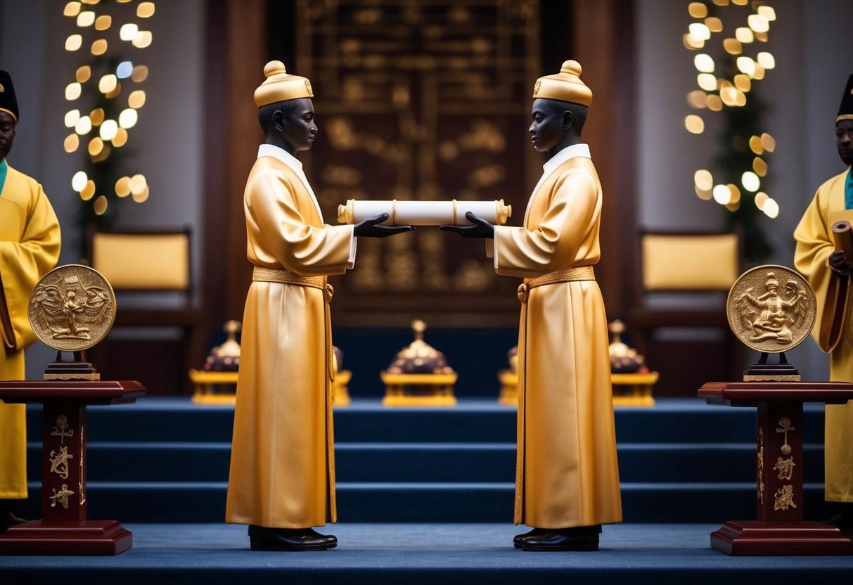 Two figures stand facing each other, one holding a scroll. A ceremonial setting with symbolic objects surrounds them