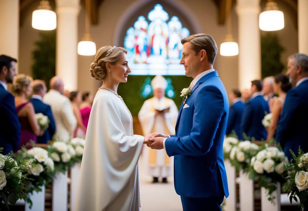 A figure stands at the front, facing another figure. They exchange vows in a structured procession