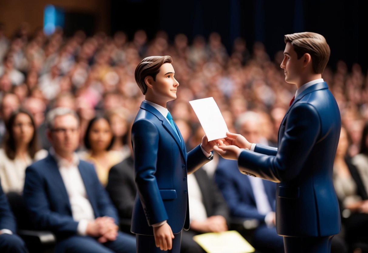 A figure stands before an audience, holding a small piece of paper. Another figure stands opposite, ready to receive the paper