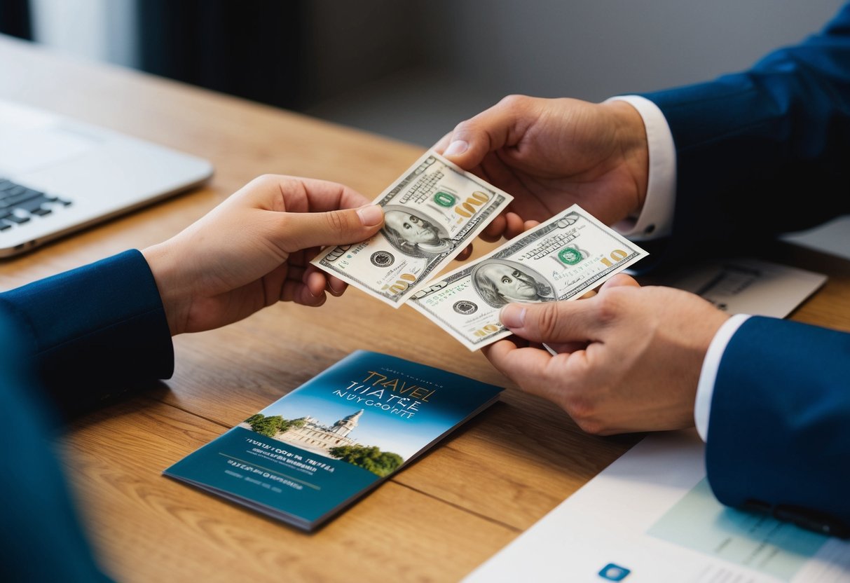 A couple's hands exchanging money over a travel brochure and a wedding invitation