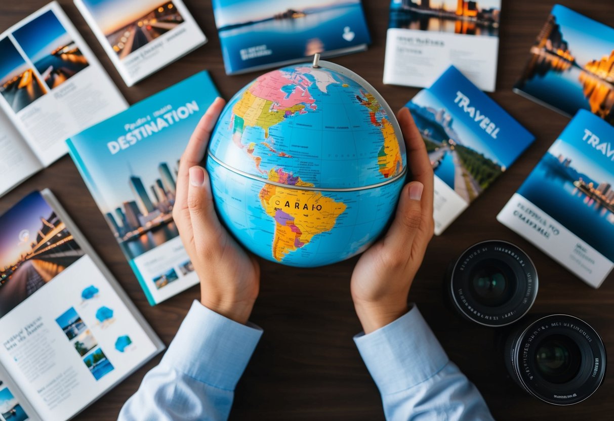 A couple's hands holding a globe, surrounded by travel brochures and destination photos