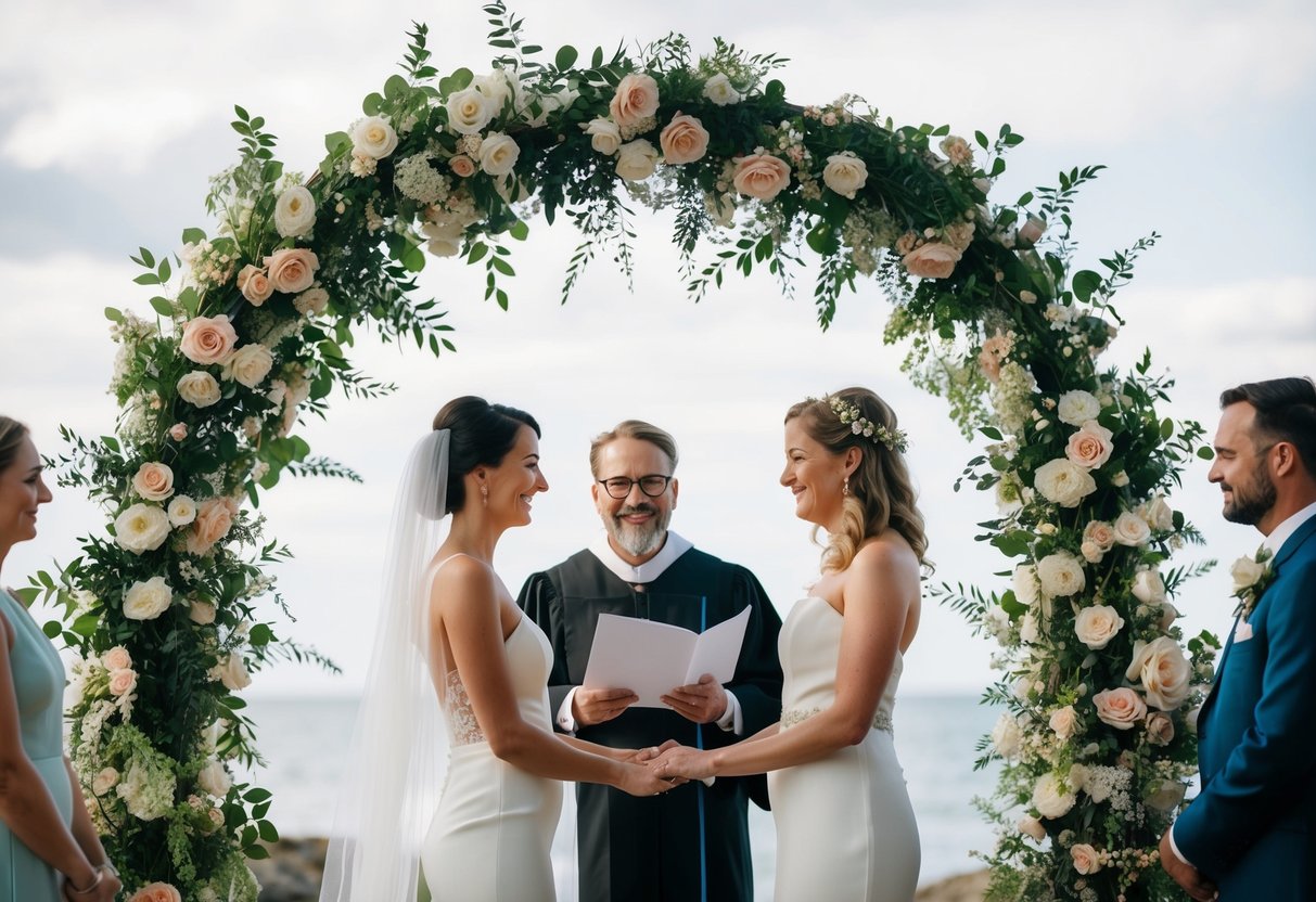 A couple stands beneath a flower-adorned arch as a celebrant officiates their non-religious wedding ceremony