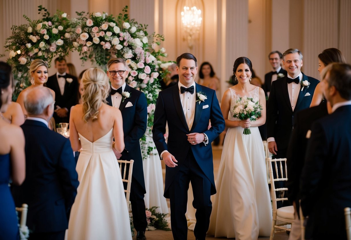 A formal wedding scene with guests in elegant evening attire, surrounded by floral decorations and soft evening lighting