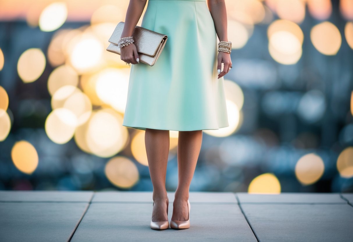 A formal, knee-length dress in a light or pastel color, paired with heels or dressy flats. Optional accessories include a clutch and statement jewelry