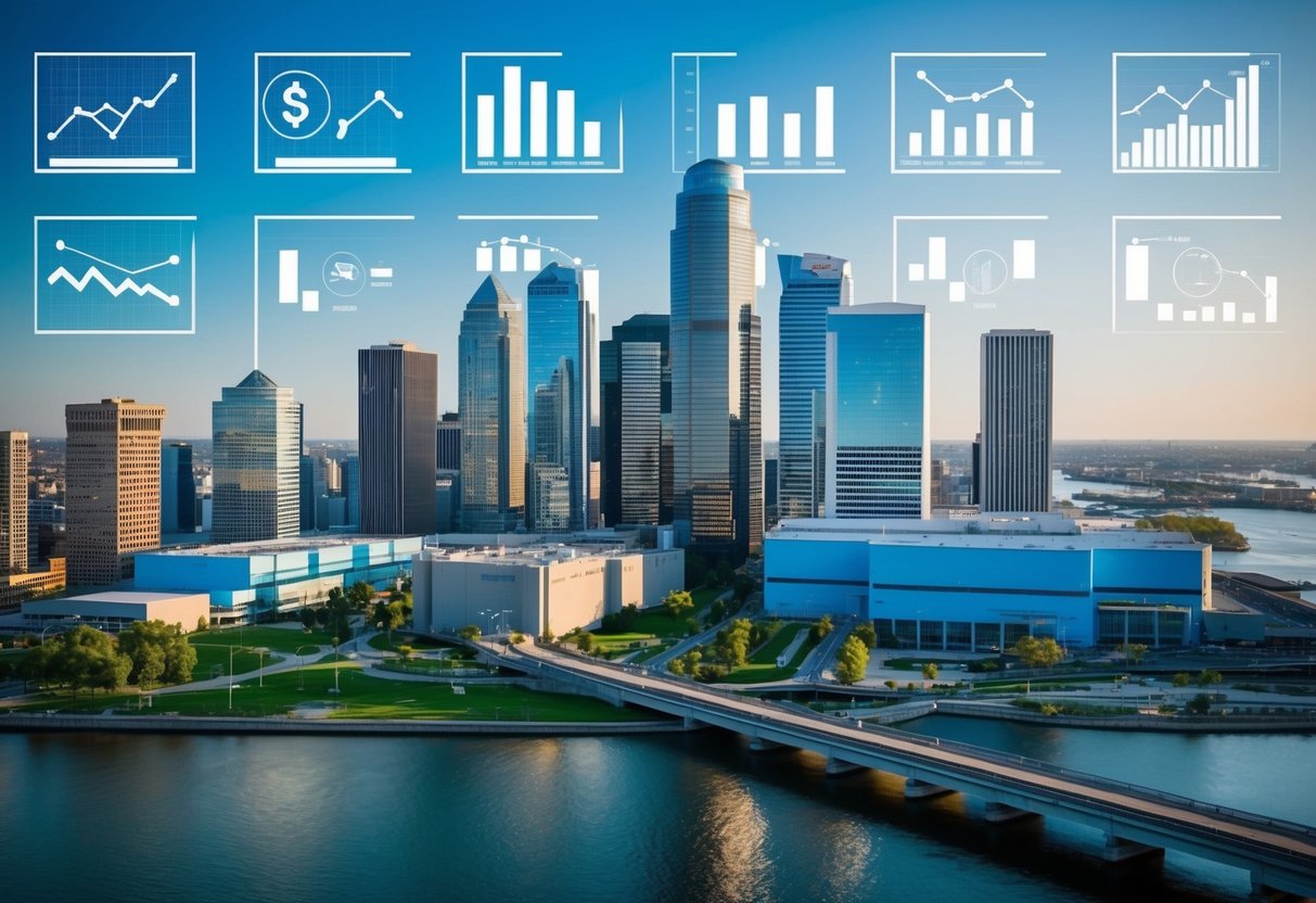 Une ligne d'horizon de ville avec divers équipements de services publics, tels que des usines de traitement des eaux et des transports publics, entourée de graphiques et de tableaux financiers.
