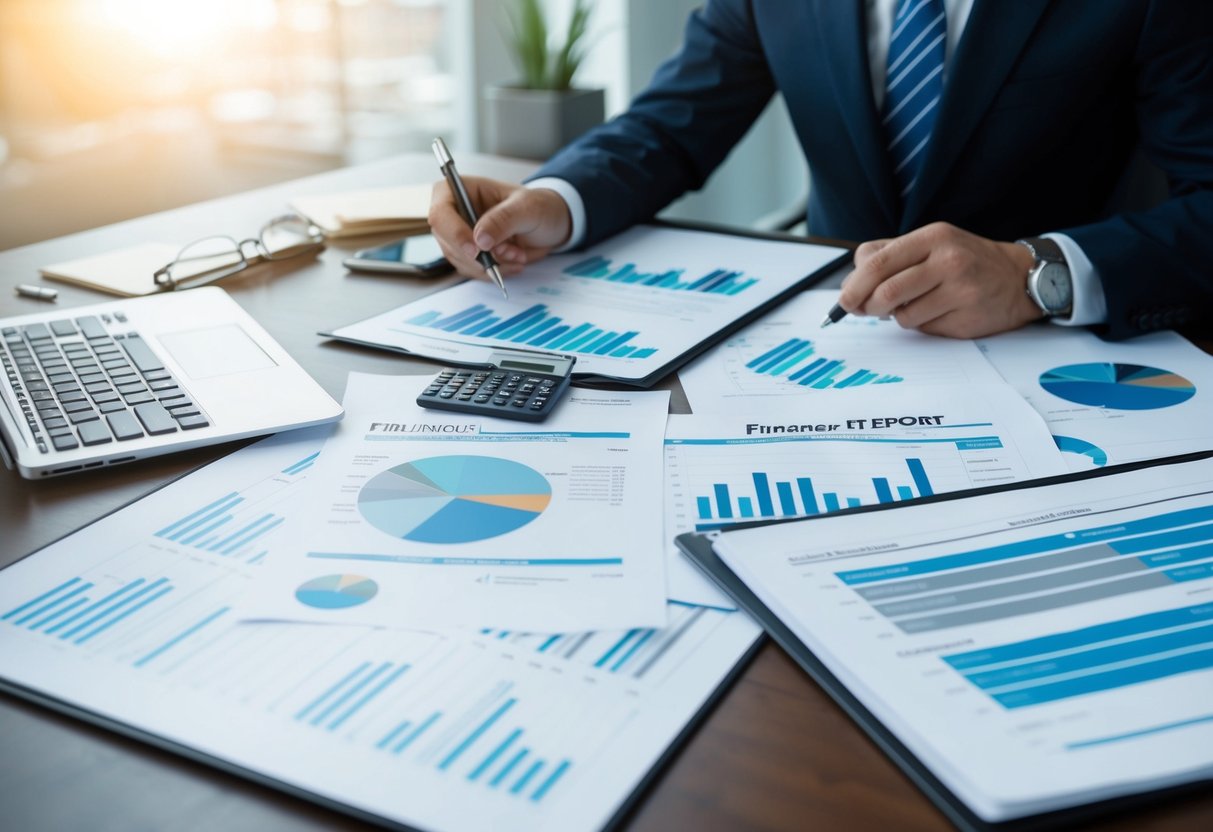 Un rapport financier détaillé sur un bureau, avec des graphiques, des diagrammes et des documents juridiques étalés pour analyse.