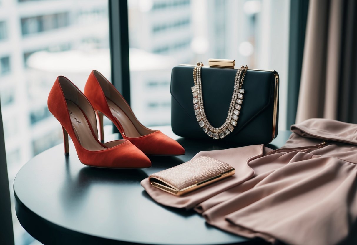 A pair of elegant heels, a clutch purse, and a statement necklace laid out on a dressing table next to a flowy dress
