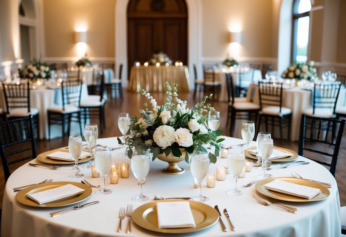 A beautifully decorated table with elegant place settings and floral centerpieces, positioned at the front of the reception hall