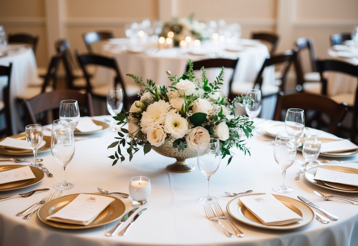 A decorative wedding top table set with elegant place settings and floral centerpieces