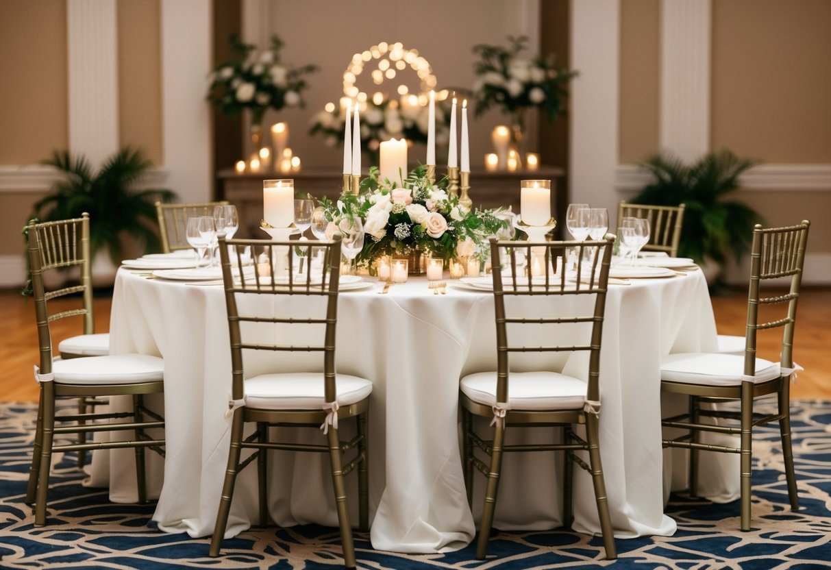 A bride and groom's table with elegant chairs, adorned with flowers and candles, positioned at the center of the reception hall