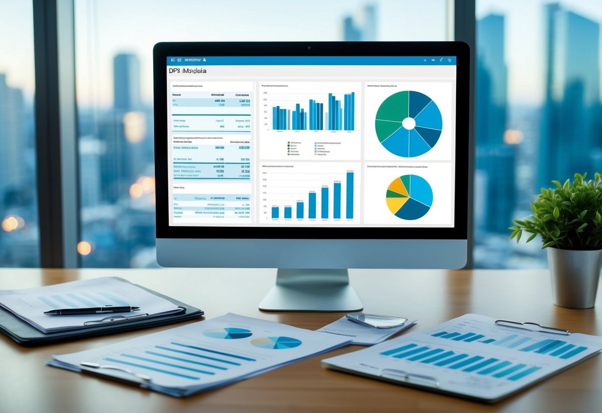 Un bureau avec des documents financiers, des graphiques et un écran d'ordinateur affichant une analyse DSP