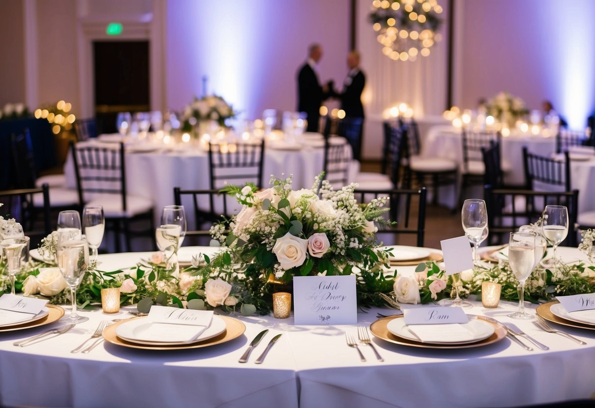 A beautifully decorated top table at a wedding reception, with elegant place settings, floral centerpieces, and personalized name cards for the bride, groom, and their closest family members