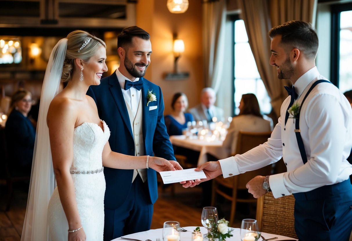 A bride and groom standing at a table, handing over a check to a wedding planner in a cozy, candlelit restaurant