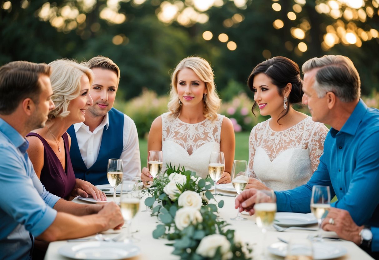 A couple and their families discussing and planning the rehearsal dinner, with a focus on who will cover the costs