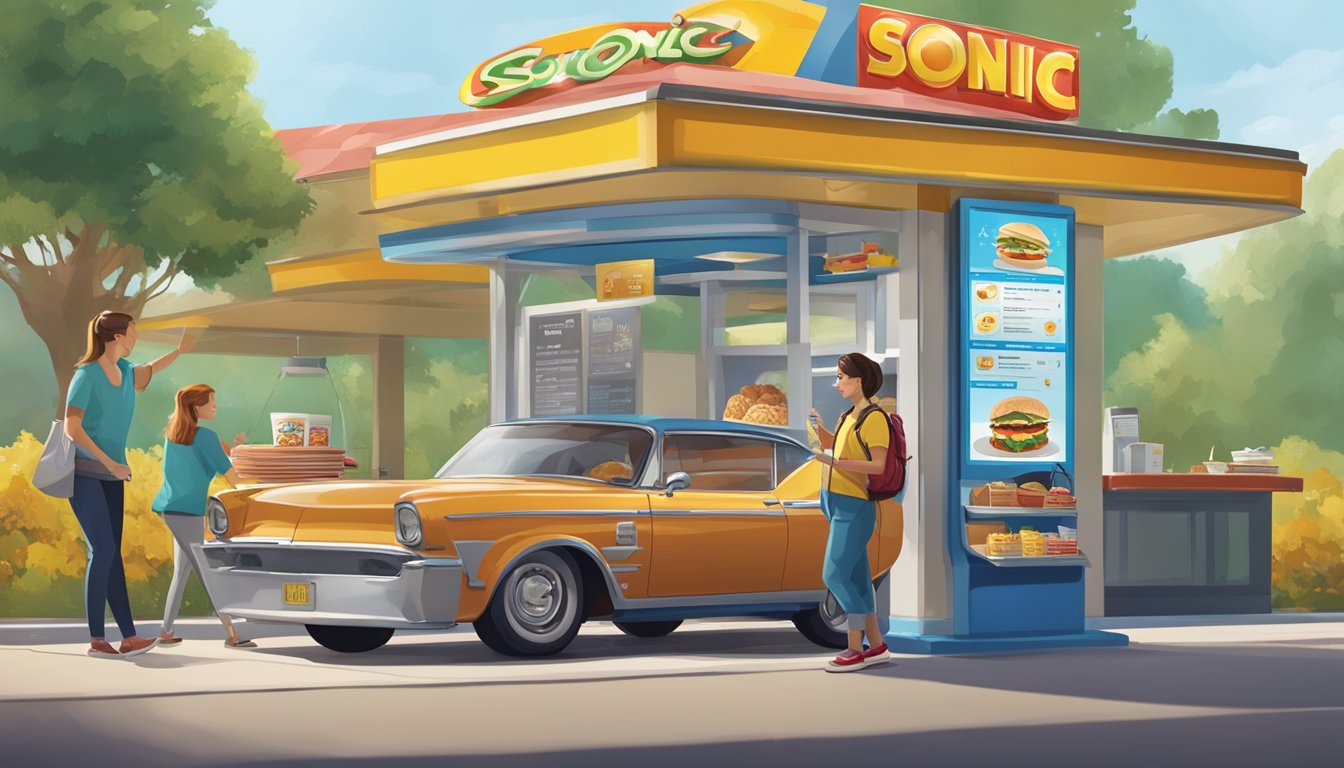 A car pulls up to a Sonic Drive-In menu board with a digital display, while a customer uses a mobile app to place a breakfast order