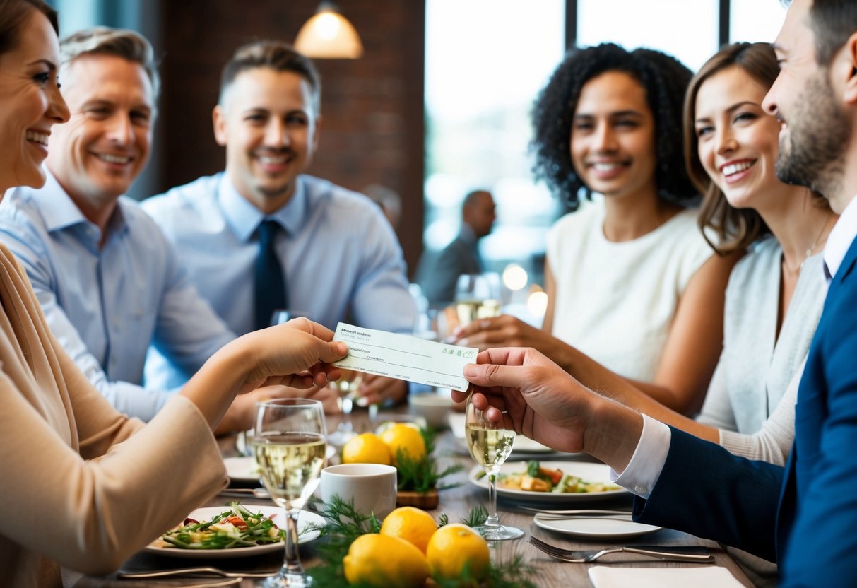 A couple's hands exchanging a check at a restaurant table, surrounded by smiling family and friends
