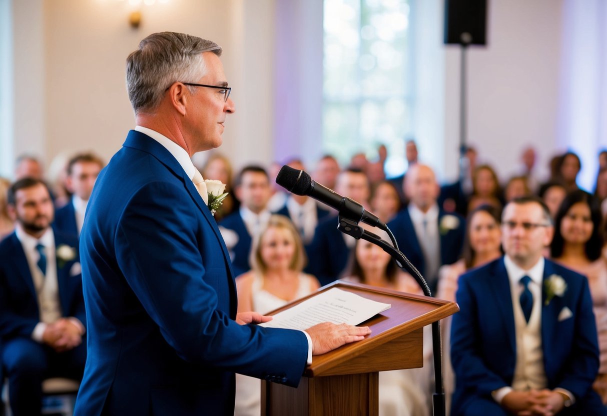 A figure in formal attire steps forward to speak at a wedding, capturing the attention of the audience