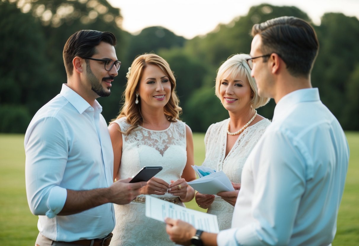 A couple and their families discussing wedding rehearsal details and expenses