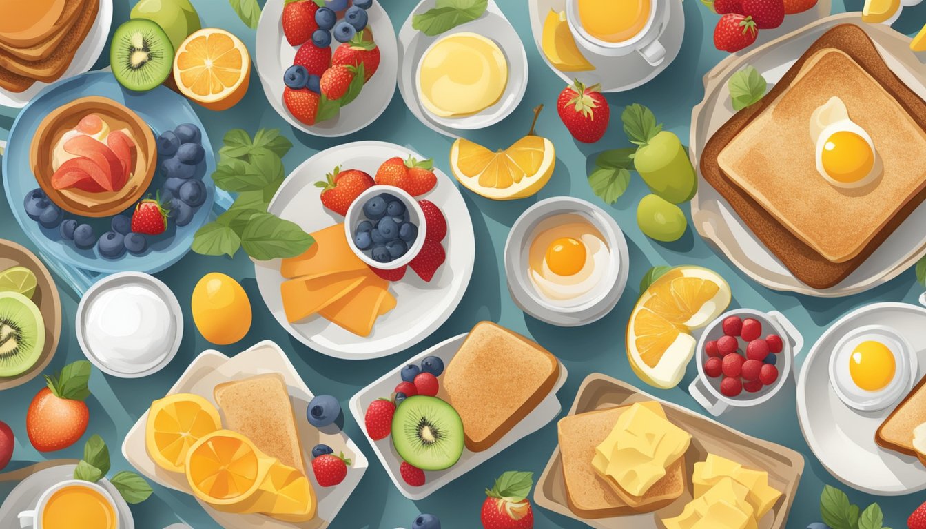 A colorful spread of breakfast items, including fresh fruit, eggs, and toast, with a variety of dietary options labeled clearly