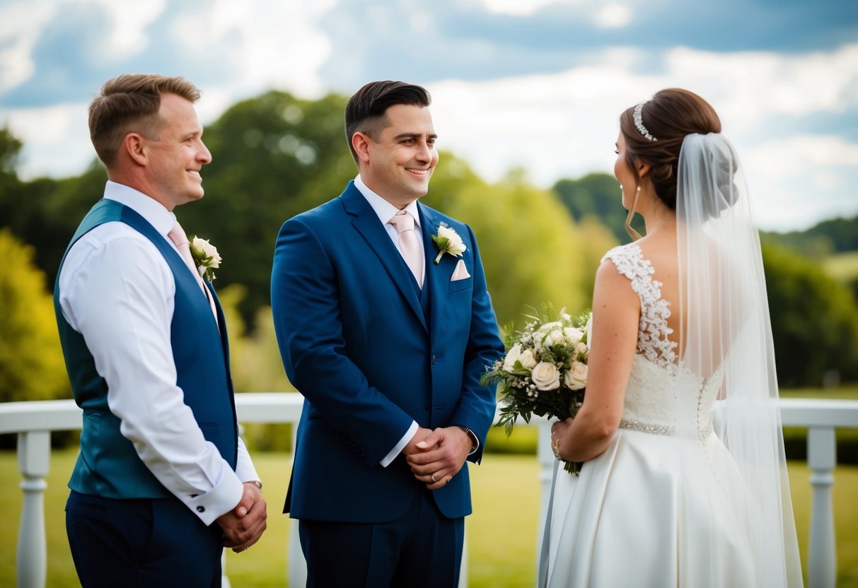 A traditional wedding scene with the best man and maid of honor standing in front of the couple, waiting to speak