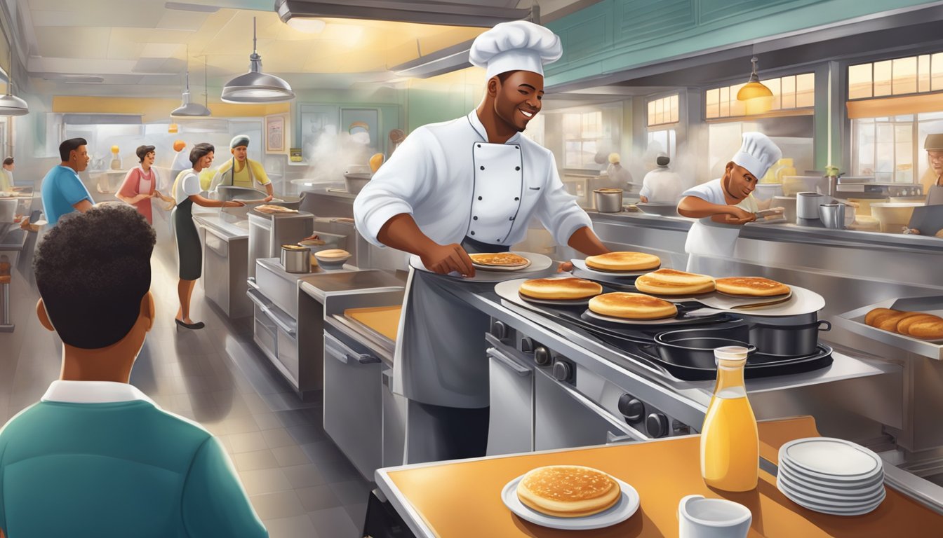 A bustling morning scene at a diner, with a chef flipping pancakes on a sizzling griddle while a server carries a tray of steaming breakfast plates to eager customers