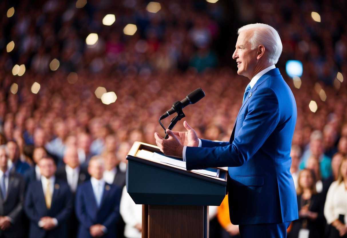 A figure standing at a podium, addressing a crowd with confidence and warmth