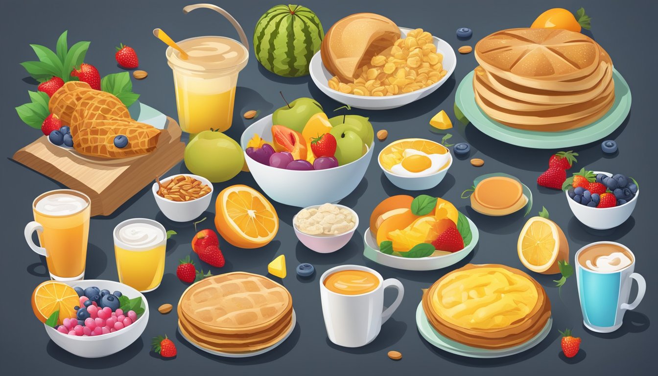 A colorful array of breakfast items, including fruits, cereals, and pastries, displayed on a vibrant menu board