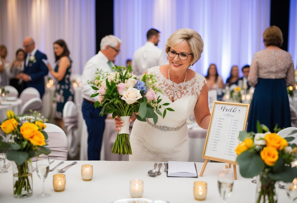 The mother of the bride arranges flowers and checks the seating chart at the reception venue on the day of the wedding