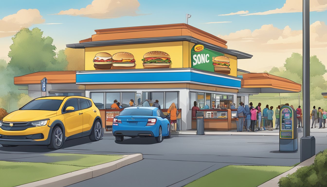 A bustling Sonic drive-thru with a steaming breakfast menu displayed on a digital board, while customers eagerly line up in their cars