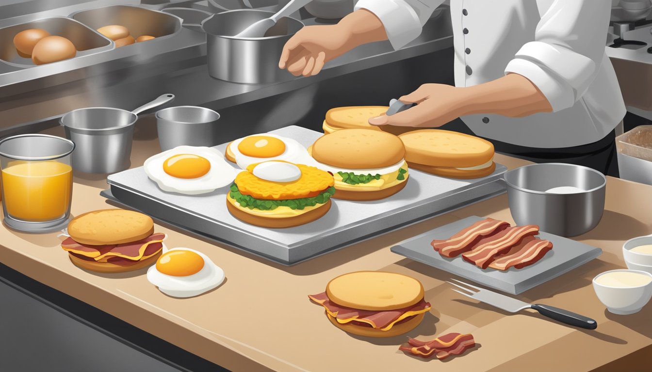 A chef prepares a classic breakfast sandwich, assembling layers of egg, cheese, and bacon on a toasted English muffin. Ingredients and utensils are neatly arranged on a stainless steel countertop