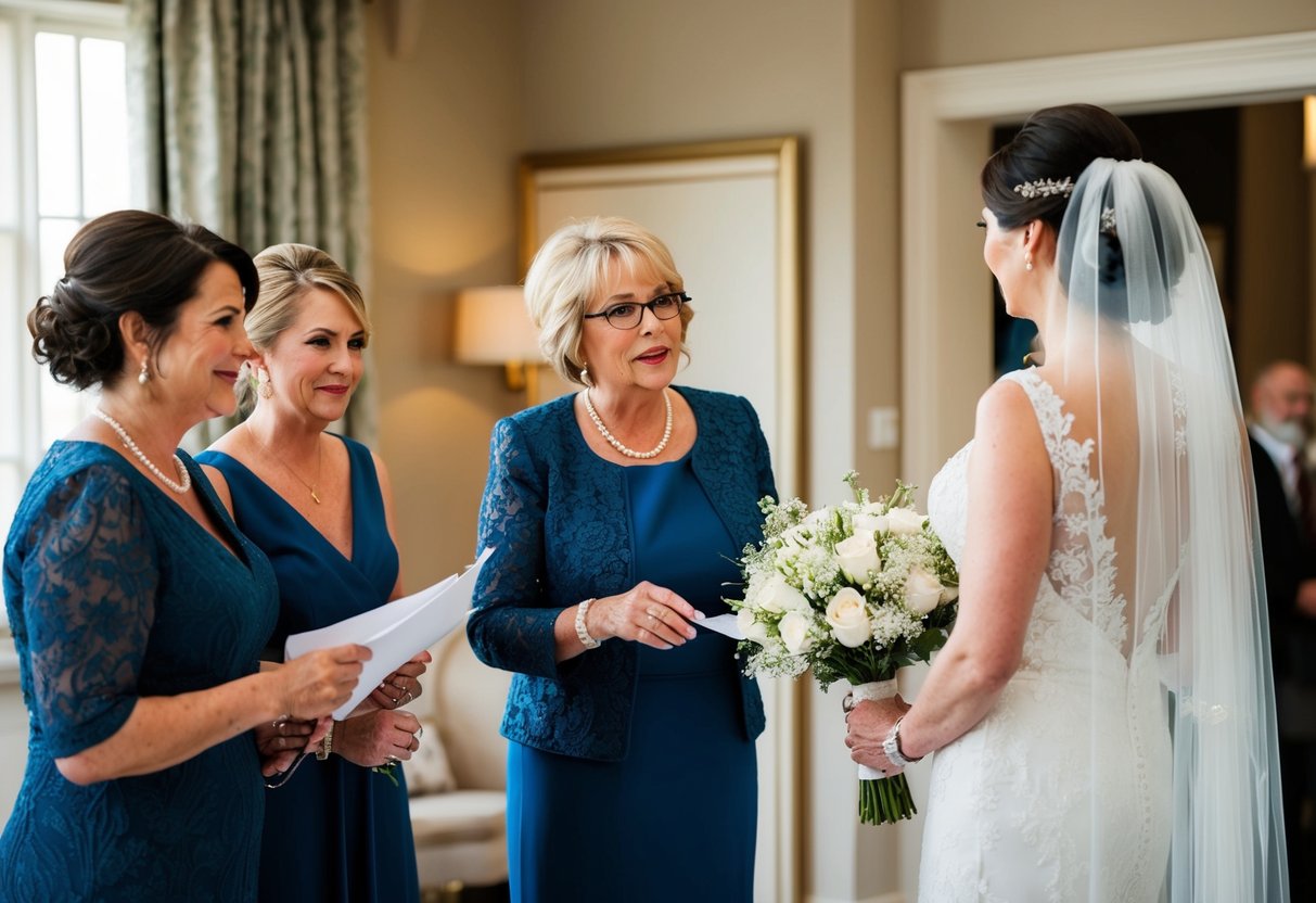 The mother of the bride helps with last-minute preparations, oversees the schedule, and offers support to the bride