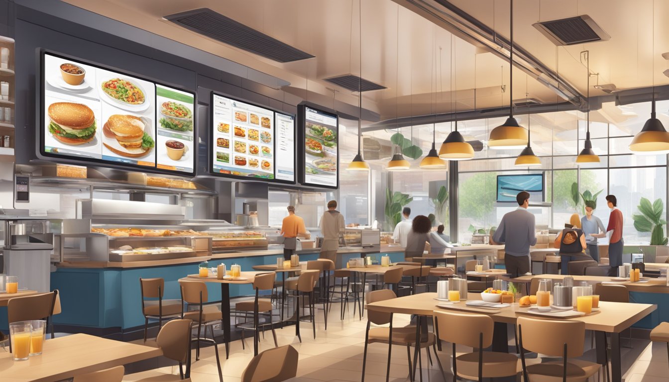 A bustling breakfast restaurant with digital kiosks, mobile ordering, and kitchen display screens, all seamlessly integrated to track business performance