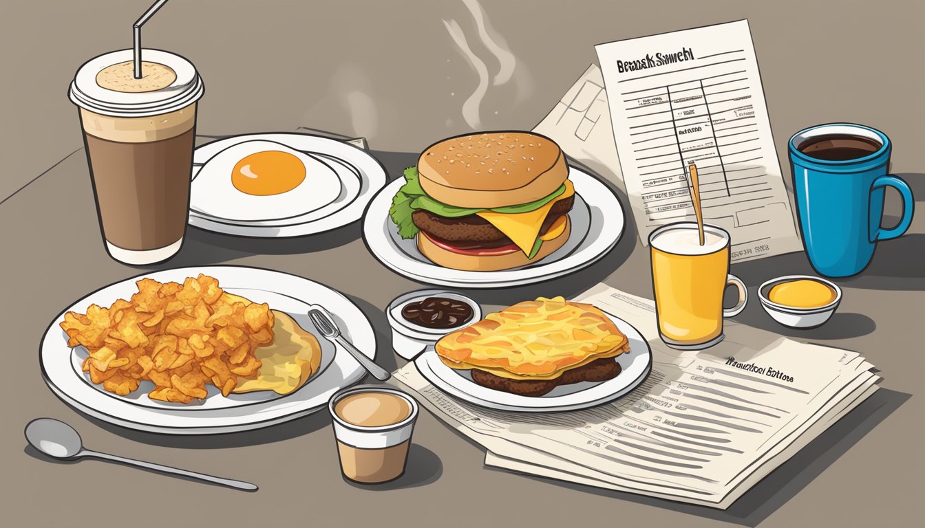 A table filled with various breakfast items, including a Sonic breakfast sandwich, a side of hash browns, a cup of coffee, and a pamphlet with nutritional information