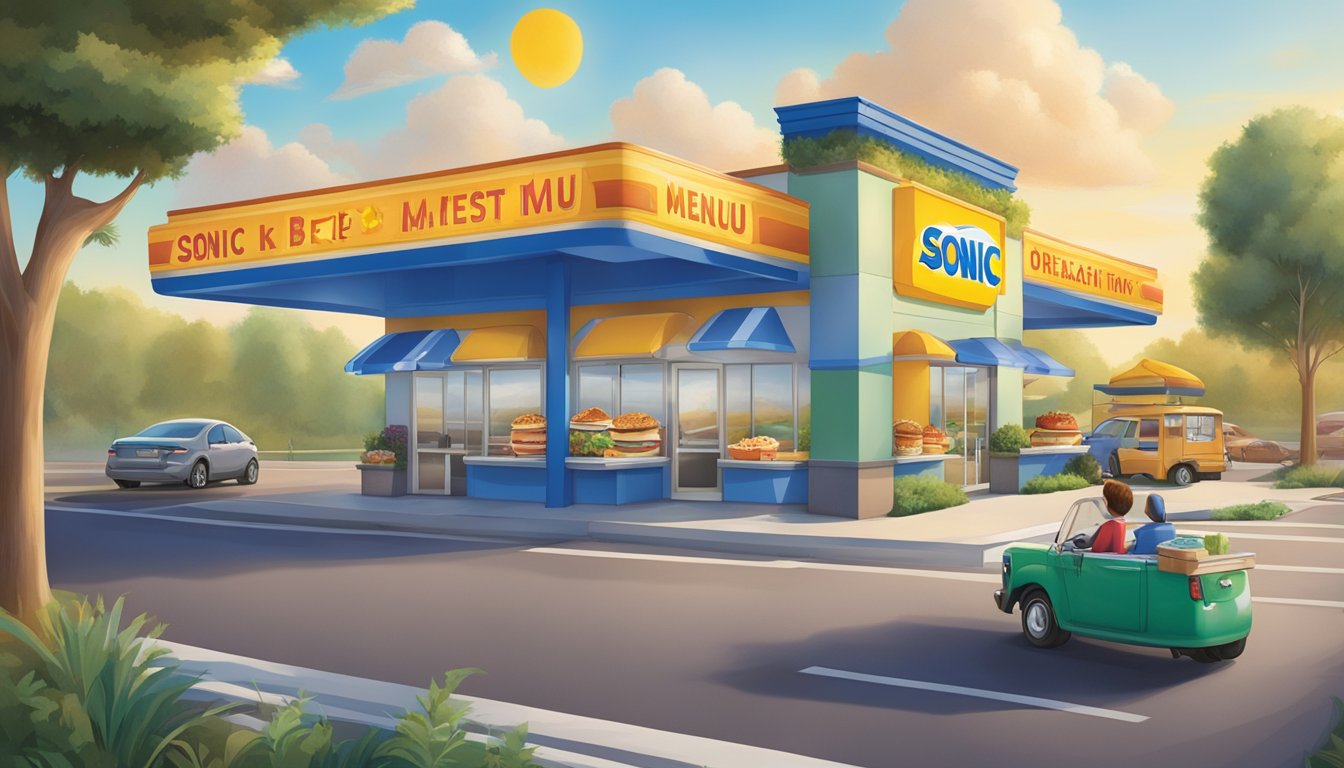 A colorful outdoor sign displays Sonic's breakfast menu with dietary restriction options, set against a backdrop of a bustling morning drive-thru