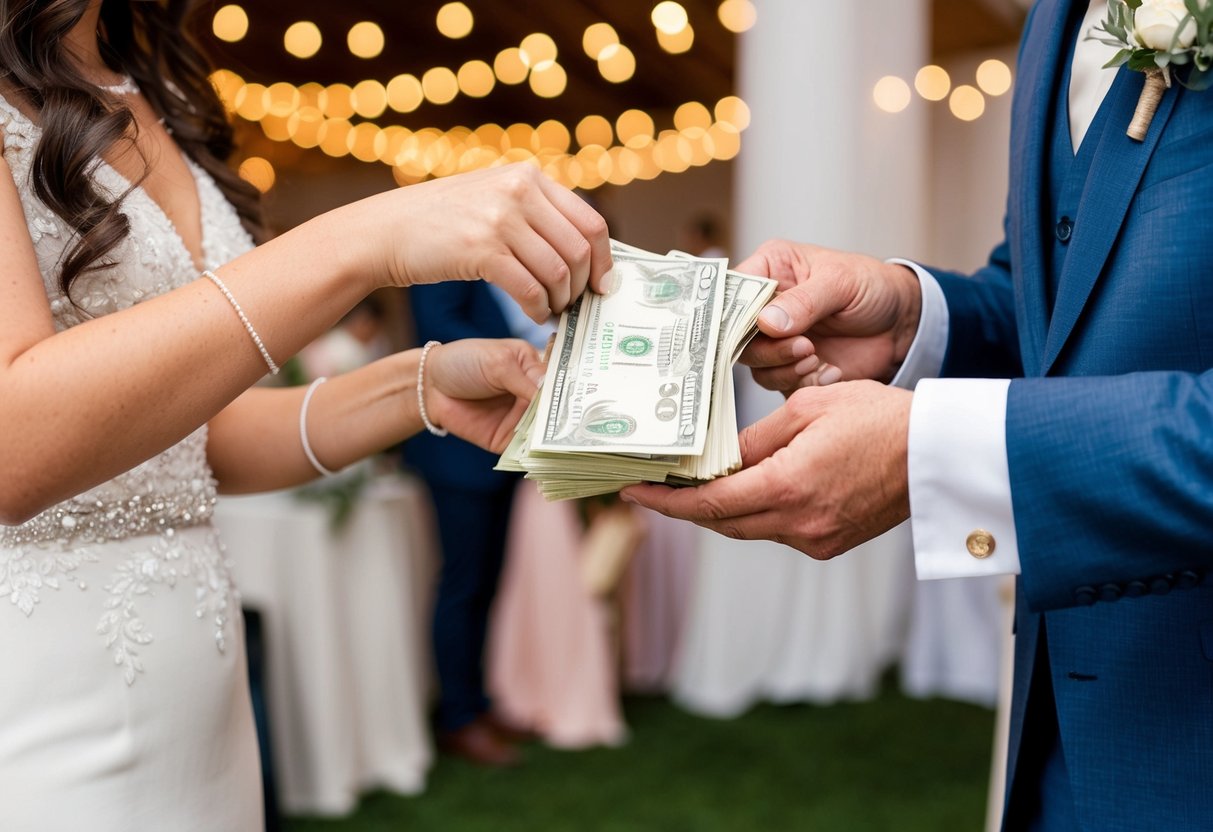 A couple's hands exchanging a bag of money with a smiling reception venue owner