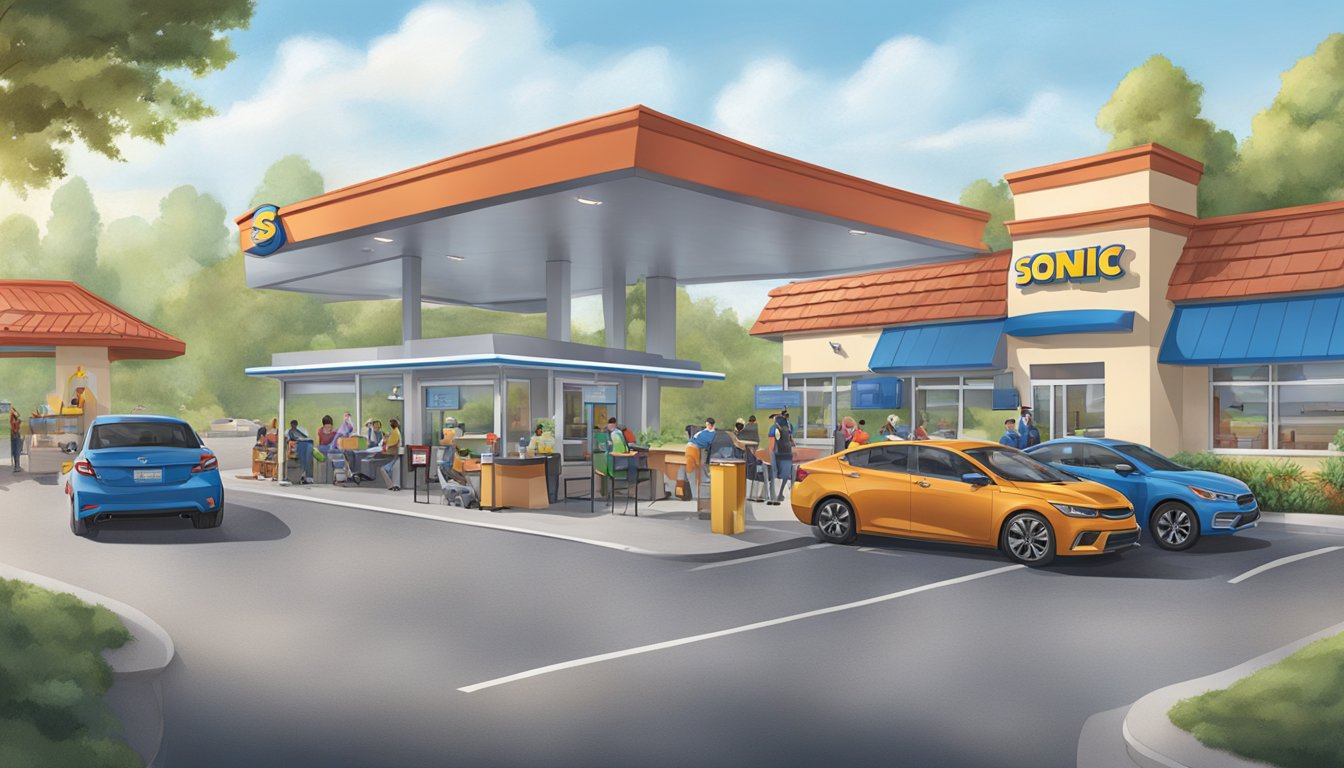 The bustling drive-thru line at Sonic, with cars waiting for their popular breakfast items, while a wheelchair-accessible ramp leads to the entrance