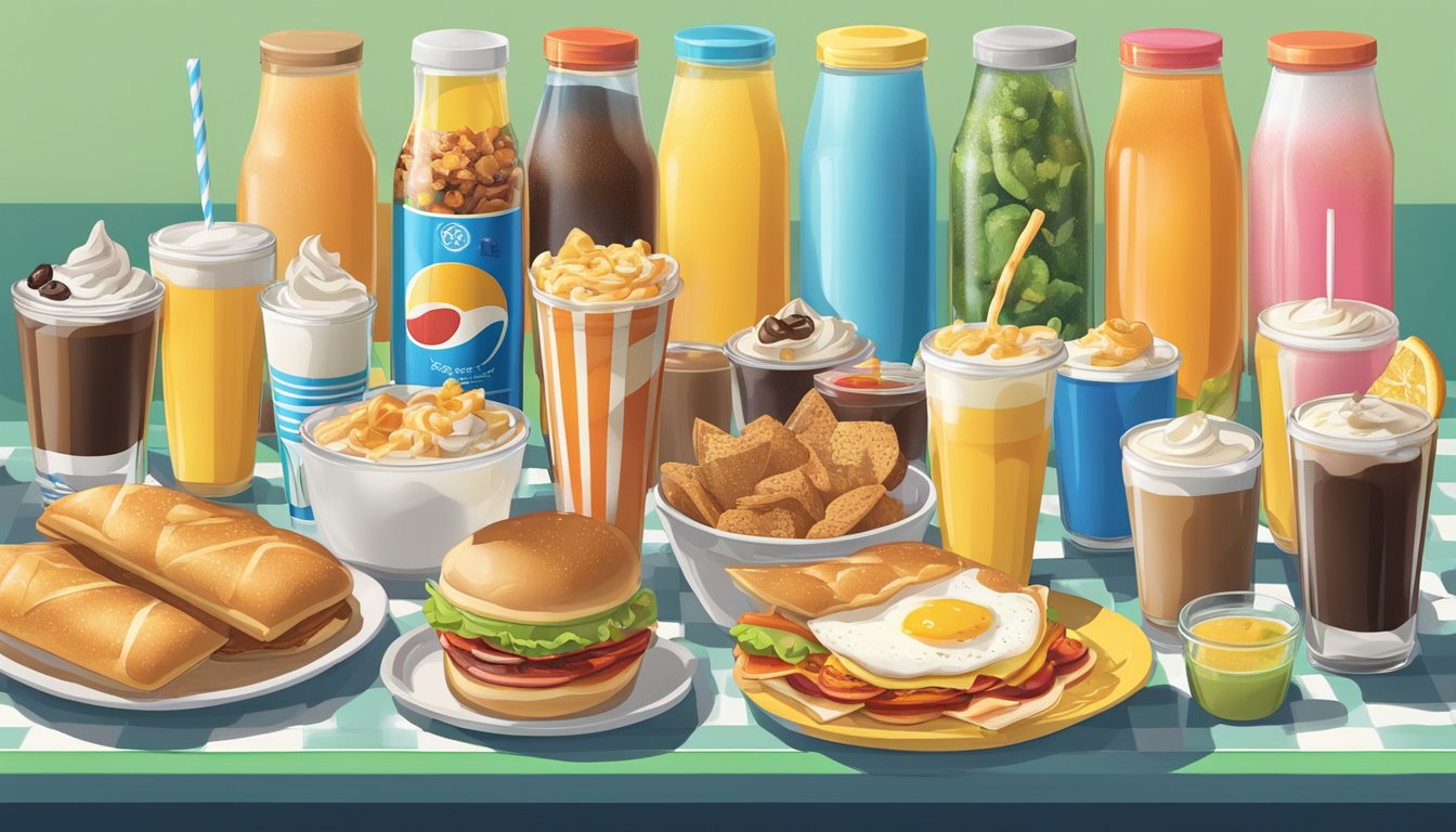 A table with a variety of breakfast beverages and add-ons arranged neatly on a vibrant, retro-style Sonic drive-in counter