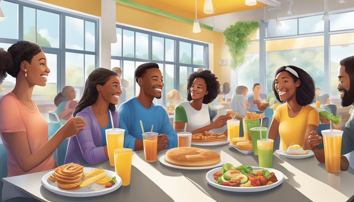 A diverse group of people enjoying a variety of healthy breakfast options, including gluten-free, dairy-free, and vegetarian choices, at a Sonic restaurant