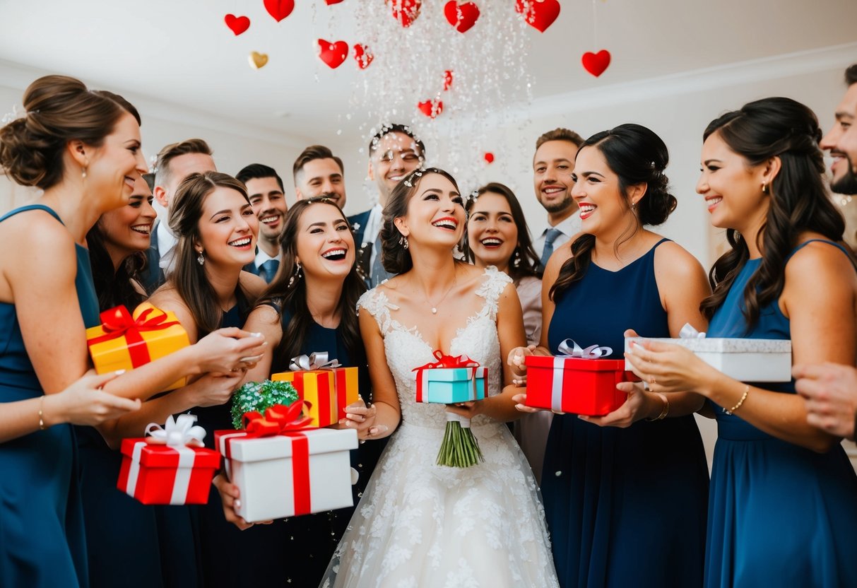 A group of friends gather to celebrate the bride, showering her with gifts and love