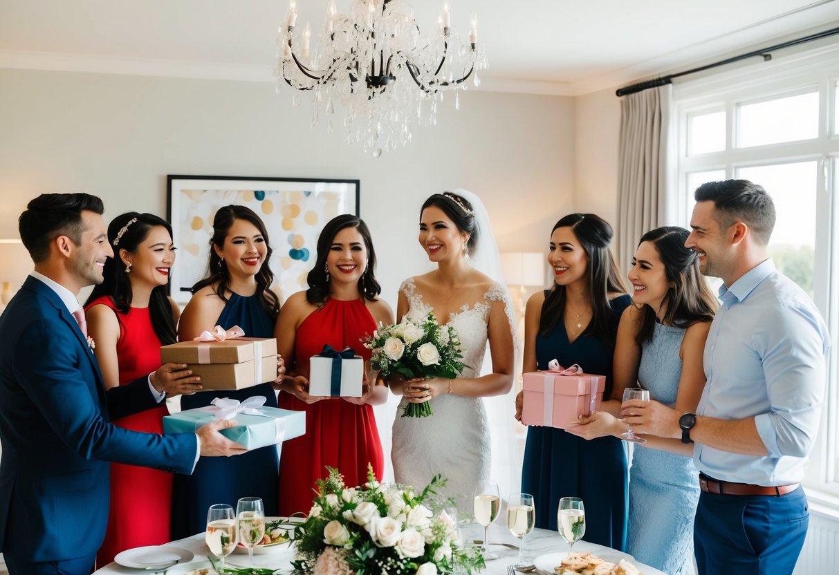 A group of friends gather to celebrate the bride, presenting gifts and enjoying food and drinks