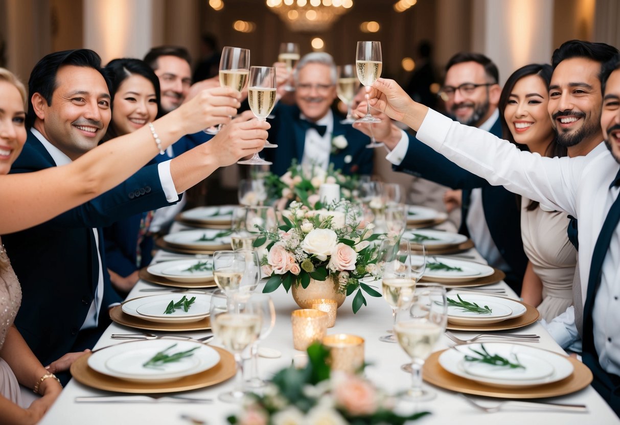 A table set with elegant dinnerware and floral centerpieces, surrounded by happy guests raising their glasses in celebration